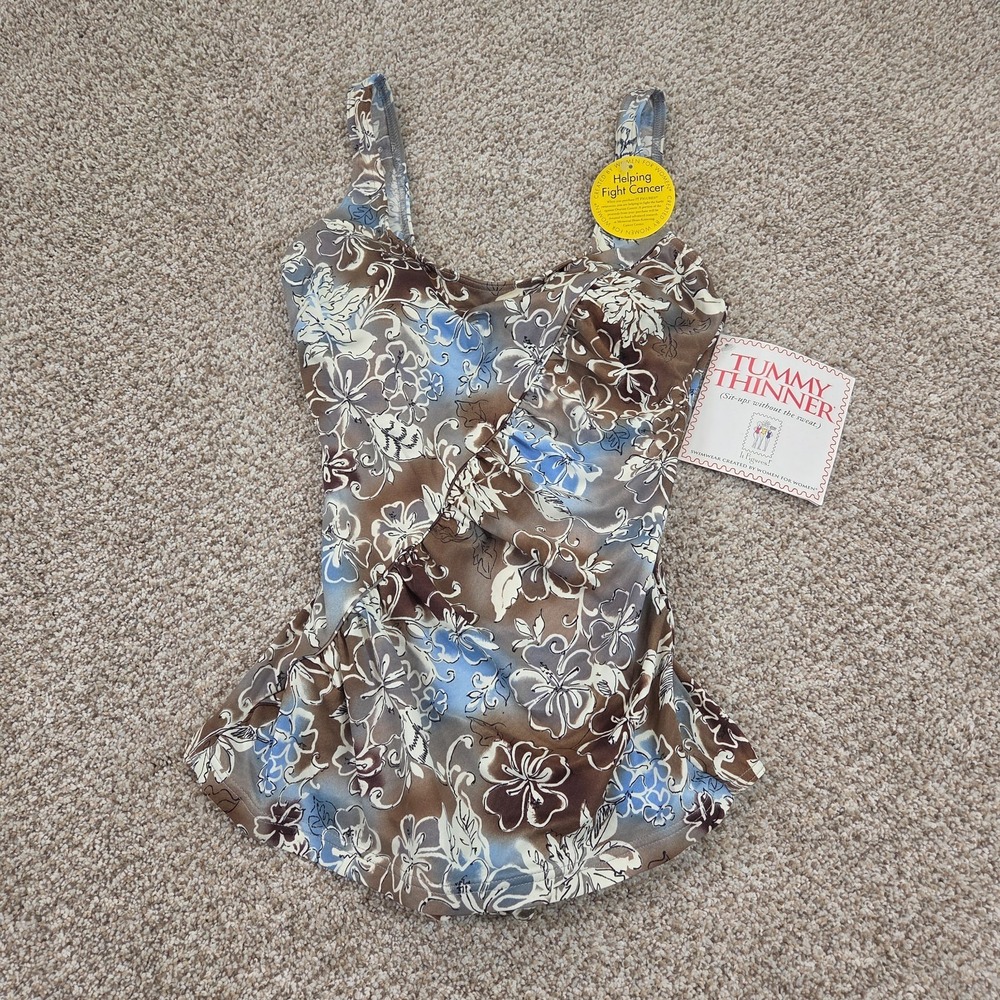 IT FIGURES! Tummy Thinner Size 12 Blue‎ Brown Floral Tropical ONE PIECE SWIMSUIT
